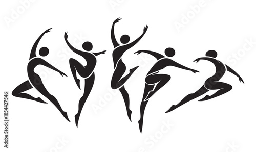 Abstract modern dance silhouettes forming artistic human figures, fluid motion and rhythm concept, minimalist black vector.