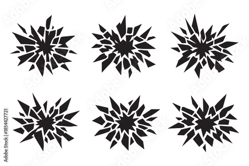 Broken glass crack vector set in black and white, shattered window fracture shapes, sharp splintered glass damage elements on white background.