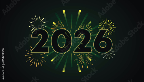 2026 Happy New Year and Merry Christmas, Radiant Fireworks on Dark Background