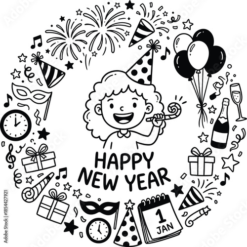 Happy New Year Hand Drawn Typography with Decorative Doodles