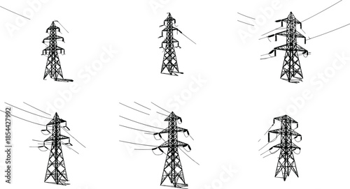 Transmission tower sketches, electrical pylon variations, power line configurations, utility structure illustration, engineering design, black and white infrastructure art