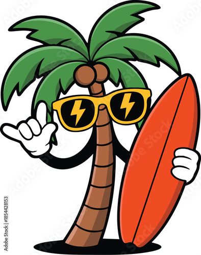 Cool Surfing Palm Tree Cartoon, illustration, vector, t shirt