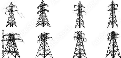 Transmission tower variations, electrical pylon silhouettes, power grid infrastructure, high voltage structures, utility engineering design, black and white illustration