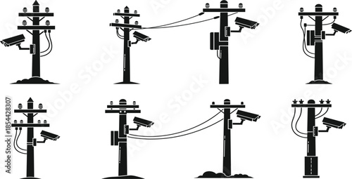 Utility poles with surveillance security cameras and power lines, black silhouette vector illustration set representing urban monitoring and electrical infrastructure