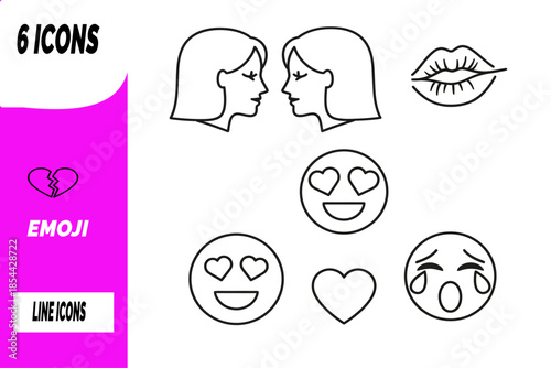 Emotional love emoji set showing happy in love, heartbroken face, dreamy smile, lonely love emoji, and hopeful expression. Clean black and white linear icons, simple flat vector design.
