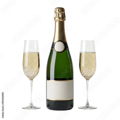 Wallpaper Mural Champagne bottle with two filled glasses, sparkling bubbles. Elegant celebration drink for luxury events and festive moments. Isolated on white or transparent background. PNG format. Torontodigital.ca