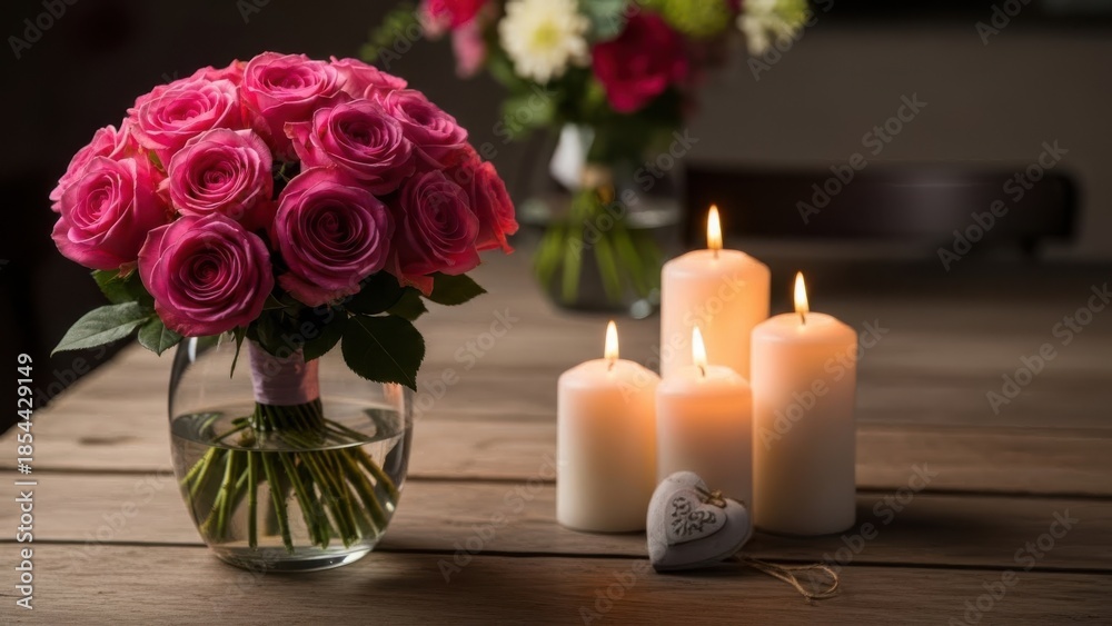 Fototapeta premium Bouquet of pink roses and candles isolated on white background