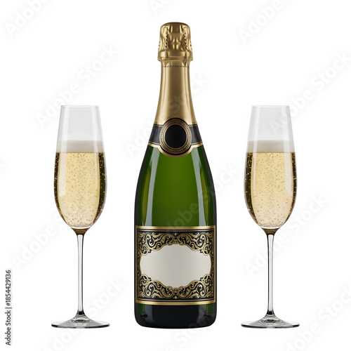 Wallpaper Mural Champagne bottle with two filled glasses, sparkling bubbles. Elegant celebration drink for luxury events and festive moments. Isolated on white or transparent background. PNG format. Torontodigital.ca