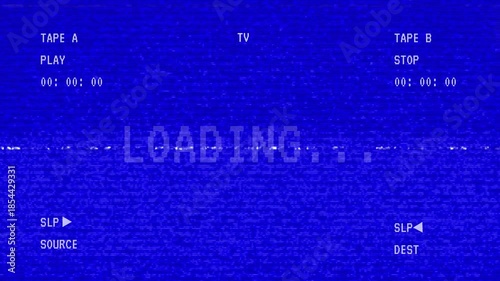 Blue vhs loading screen with static and text ideal for retrothemed videos, introducing events, or enhancing video transitions creatively.
