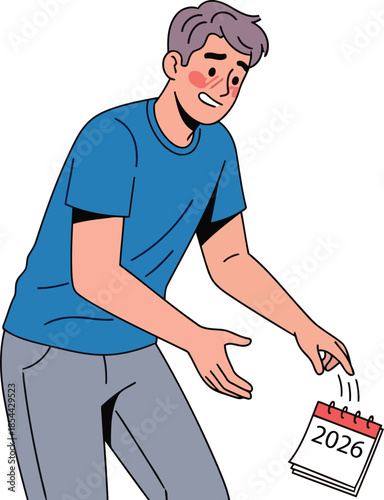 Clumsy man dropping 2026 calendar end of year mistake flat vector concept