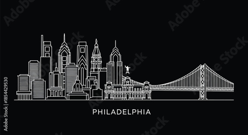 Gray line art illustration of Philadelphia city skyline with famous buildings and a bridge on a black background.