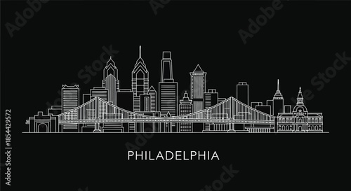 Gray line art illustration of Philadelphia city skyline with famous bridge on black background.