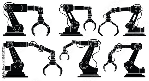 Set of eight robotic arms in various positions on a white background with industrial and technological themes.