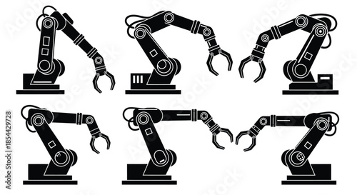 A set of six robotic arms with hooks on a white background, showcasing industrial automation technology in a graphic illustration.