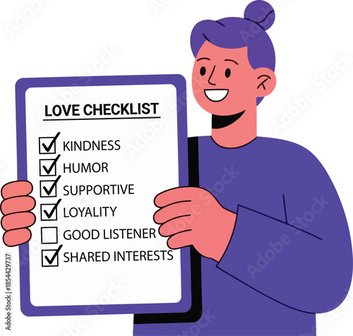 Happy Woman Holding Love Checklist Clipboard Relationship Criteria Vector Art