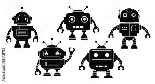 Five black robot illustrations with various designs and wrenches in hand against a clean white background.
