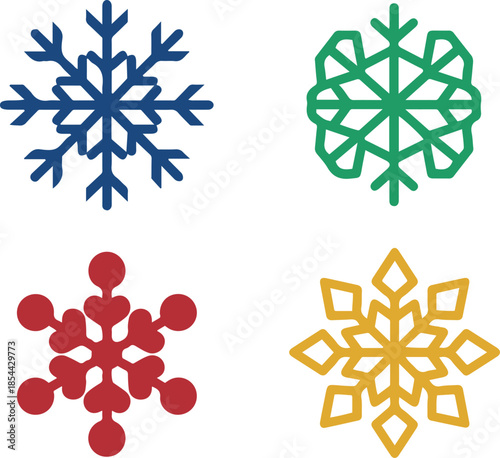 Set of four colorful geometric snowflake icons in blue, green, red, and yellow vector illustration.