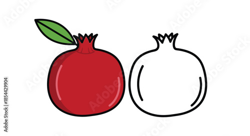 Illustration of a red pomegranate with a leaf next to a black and white pomegranate on a white background.