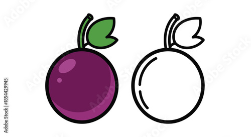 Illustration of a colored and outlined plum with leaves on a white background in a simple graphic style.