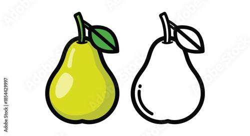 Illustration of two pears, one colored and one outlined, against a white background with black outlines and green leaves.