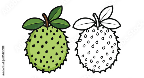 Colorful illustration of two durian fruits with leaves on a white background, one green with black spots and the other outlined.