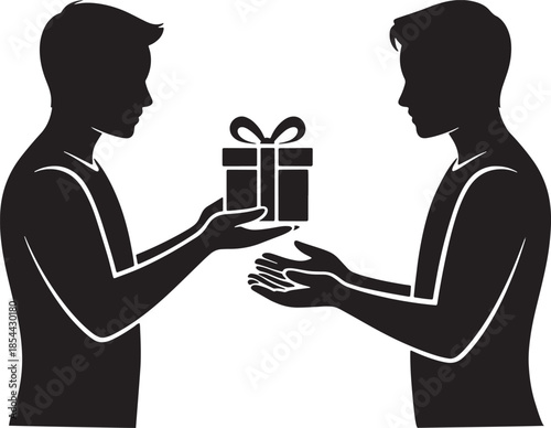 Giving Gift Silhouette in Black and White on a Transparent Background Illustration Vector