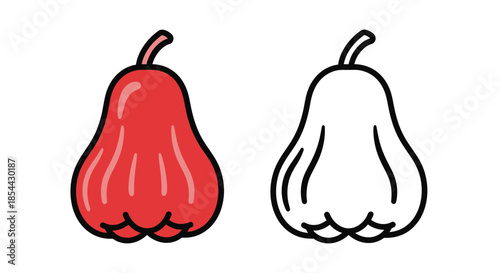 Colorful illustration of a red pear and a black-and-white pear on a white background with bold lines and simple shading.