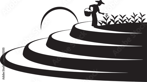 Illustration of Agriculture and Farming Concept of Planting Rice At Farm Terraces