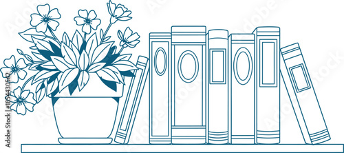 A low resolution line drawing illustration of a plant next to bookshelves with books and decorative items on a white background