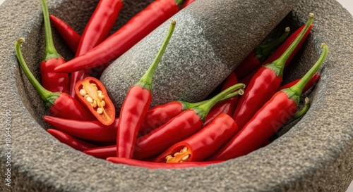 Aromatic chili peppers in a stone mortar and pestle set ready for culinary preparations