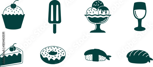 Black and white silhouette of various desserts and drinks on a plain background