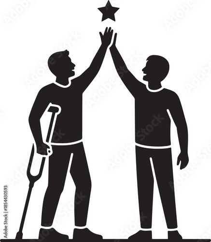 Success achievement recovery after injury two man high five with star up symbol