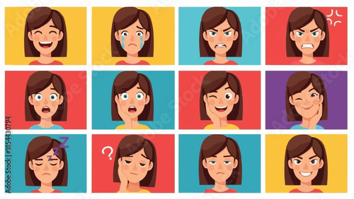 Collection of Female Faces Showing Diverse Emotions and Expressions.