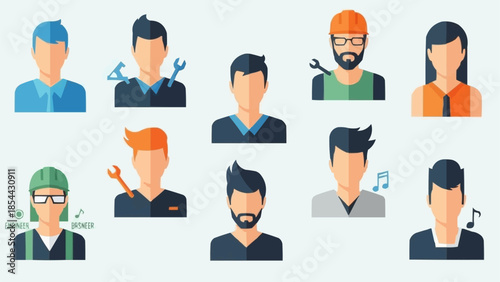 Collection of diverse professional people avatars with tools and symbols.