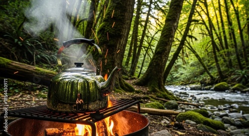 Aromatic kettle simmering over glowing embers in a serene, enchanted forest setting near a flowing