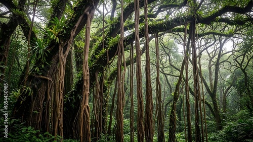 Majestic Banyan Tree with Cascading Aerial Roots and Lush Epiphytes in a Vibrant Tropical Forest.