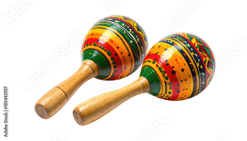 Two brightly painted maracas with wooden handles on a black background