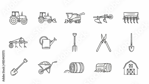 Collection of farm equipment and tools in a simple line drawing style.