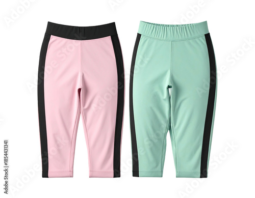 Two pairs of cropped athletic pants, pink and mint, with black stripes