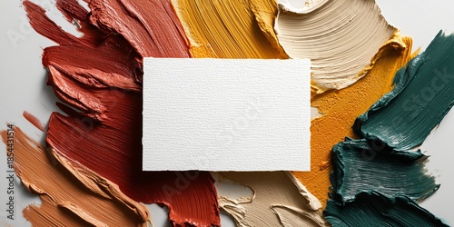 Flat lay of a blank postcard mockup surrounded by loose, thick paint strokes in autumnal colors