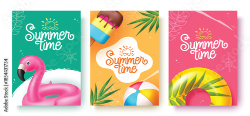 Summer time greeting vector poster design. Summer time greeting text with colorful floaters, Popsicle and palm leaves decoration elements. Vector illustration summer seasonal collection
