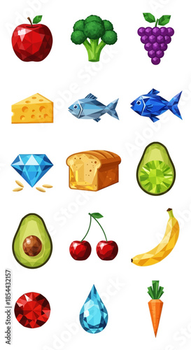 Assortment of various food items and other objects including fruits vegetables bread fish and gems.