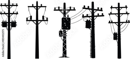 Electric utility poles with transformers and power lines, black silhouette vector illustration set showing electricity distribution infrastructure concepts design usage
