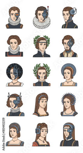 Collection of diverse portraits blending historical fashion with futuristic cyborg enhancements.