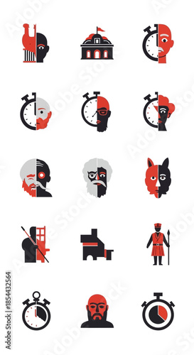 Collection of split design icons representing duality and contrast.