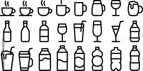 Assortment of drink icons including cups bottles and glasses on a checkered background