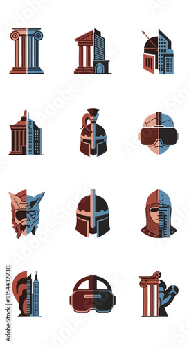 Creative split icons blending ancient history with modern technology concepts.