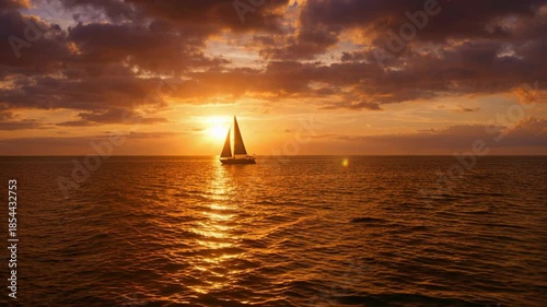 Golden Sunset Over Calm Ocean With Single Sailboat Silhouette Majestic Clouds Reflecting Golden Light