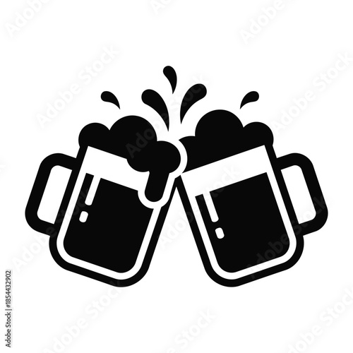 Two beer mugs clinking together with frothy beer and splashes.
