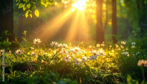 Wildflowers near forest edge during golden hour